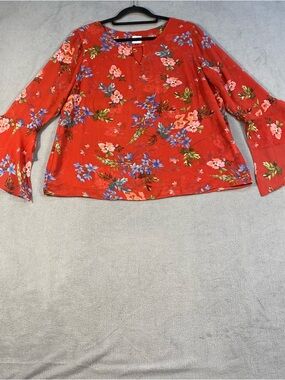 Cabi Women's Red Floral Bell-Sleeve Blouse, semi sheer double layer, size L